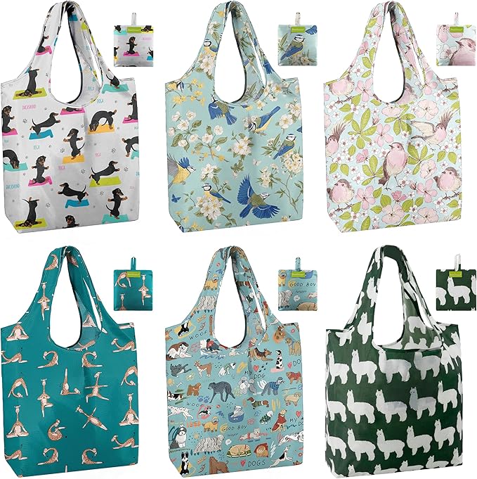 BeeGreen Animal Reusable Shopping Bags Cute Grocery Bag 6 Pack, Christmas Gift Bags Heavy-Duty Foldable Shopping Totes for Supermarket, Work & Travel, Large Washable Polyester Tote Bag with Handles