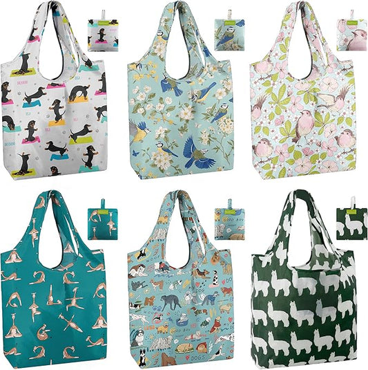 BeeGreen Animal Reusable Shopping Bags Cute Grocery Bag 6 Pack, Christmas Gift Bags Heavy-Duty Foldable Shopping Totes for Supermarket, Work & Travel, Large Washable Polyester Tote Bag with Handles