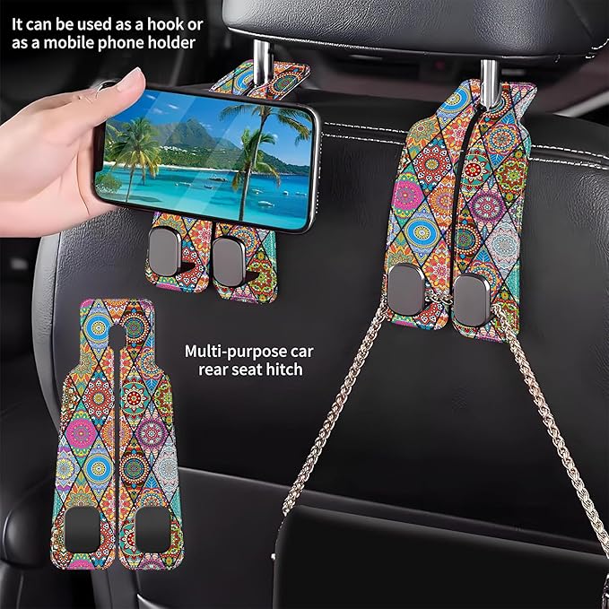 AEWNUNK Purse Hook for Car Vintage Boho Mandala Flowers 1 Pack Headrest Back Seat Hook Premium Leather Double Metal Hanger Storage Pack Bag Purse Holder Car Accessories