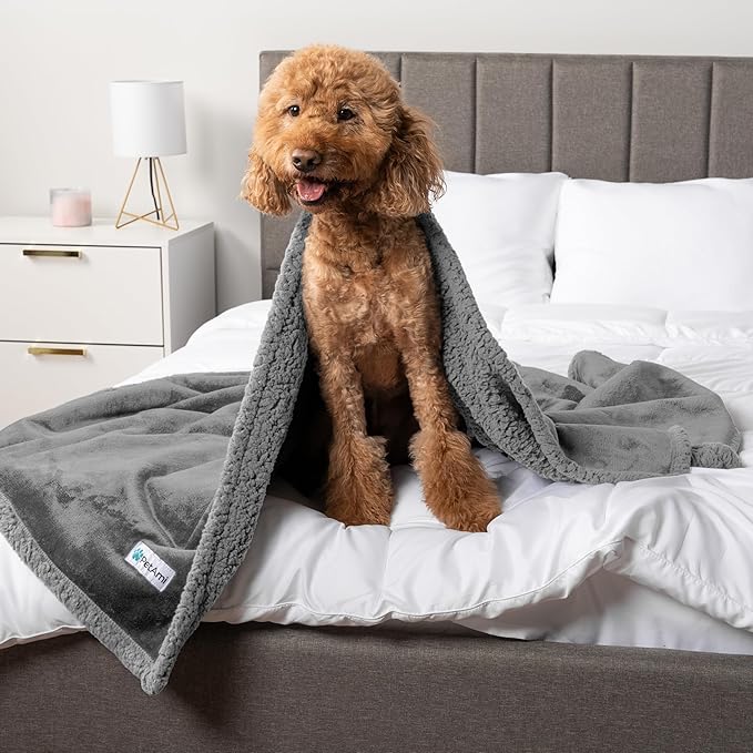 PetAmi Waterproof Dog Blanket for Medium Large XL Dog Puppy Cat Throw for Couch Cover Leakproof Protection, Sherpa Fleece, Reversible Soft Washable 80x60 Light Gray