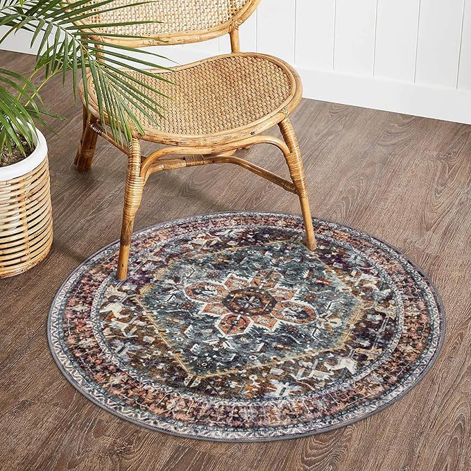KOZYFLY Boho Round Rug 3 Ft Rugs for Entryway Washable Circle Rug Non Slip Doormat Printed Faux Wool Vintage Round Entryway Rug Floor Carpet Round for Entrance, Bedroom, Brick Red/Orange/Green