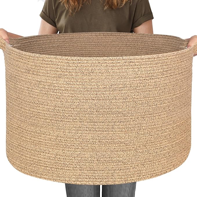 115L Wicker Storage Basket, 23.6"x15.7" Woven Cotton Rope Basket, Giant Kids Dog Toy Bin Organizer, XXXL Blanket Pillow Holder for Living Room, Brown Variegated Wicker Baskets for Organizing