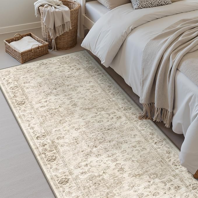2x4 Washable Neutral Runner Rug Beige Vintage Hallway Kitchen Carpet Non-Slip Soft Low Pile Farmhouse Throw Rug for Bedroom Bathroom Laundry Living Room