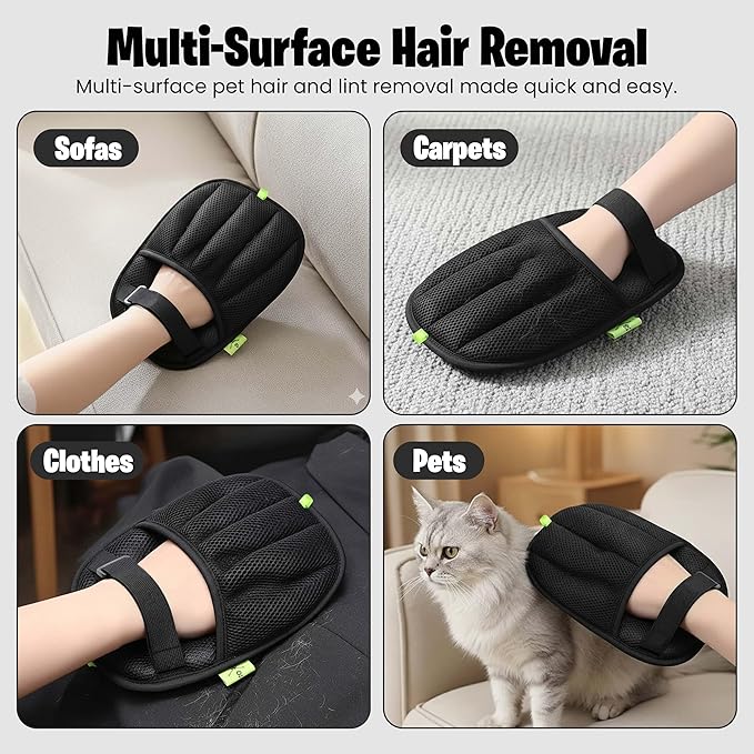 UPGRADED Thicker Electrostatic Pet Hair Remover Glove for Dogs & Cats – Five-Finger Fur Removal Tool with Secure Velcro Strap for Couch Sofa, Clothing & Pet Beds, Includes 2 Laundry Hair Remover Balls