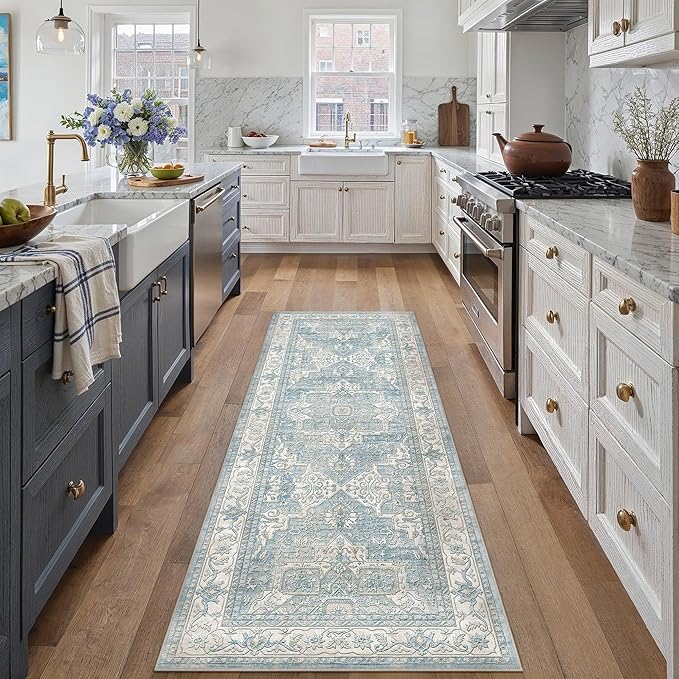 2x6 Washable Vintage Runner Rug Blue Oriental Hallway Kitchen Throw Rug Neutral Non Slip Soft Low Pile Carpet for Bathroom Laundry Bedroom Living Room