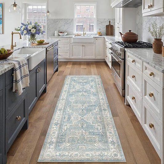 2x6 Washable Vintage Runner Rug Blue Oriental Hallway Kitchen Throw Rug Neutral Non Slip Soft Low Pile Carpet for Bathroom Laundry Bedroom Living Room