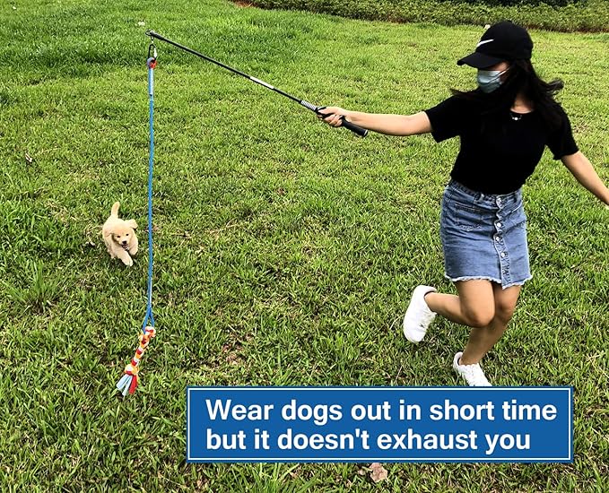 Interactive Flirt Pole Toy for Dogs Chase and Tug of War,Durable Teaser Wand with Pet Fleece Rope Tether Lure Toy to Outdoor Exercise & Training for Small Medium Large Dogs (Blue/Red, POLE-35 inches)