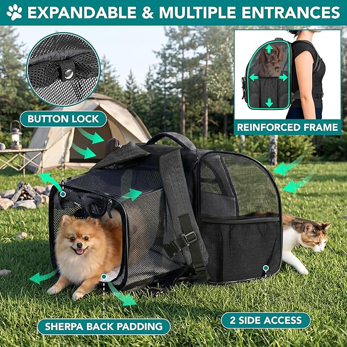 PetAmi Expandable Dog Backpack Carrier for Cats & Pets, Breathable Cat Carrier Backpack with Top Window & Multi-Entry, Ventilated Foldable Travel Carrier for Small Medium Pets up to 18 lbs, Dark Gray