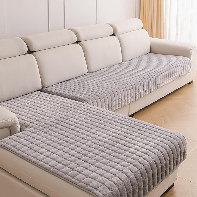 KaviKon Couch Cover Pack of 2, L Shaped Sectional Sofa Covers Washable, Velvet Fuzzy Sofa Slipcovers for 3 Cushion Couch Cover, Non-Slip Furniture Protector for Dog Pet Grey, 36x63+36x94 Inch (2 Pcs)