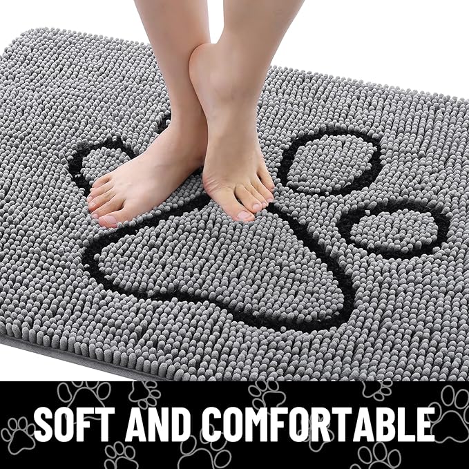 Smiry Dog Door Mat for Muddy Paws, Absorbent Dirt Trapper Non Slip Quick Dry Washable Chenille Mat for Mud Dogs, Entry Rug for Indoor and Outdoor (54x32 Inches, Grey and Black)