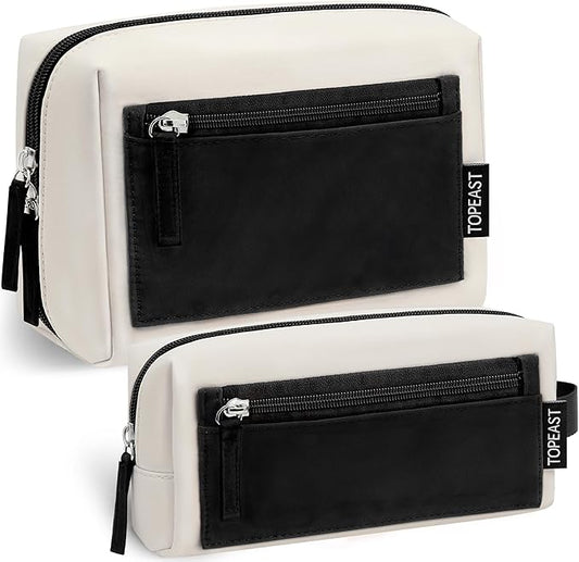 TOPEAST Christmas Gifts for Women Girls - 2Pcs Makeup Bag Small Travel Cosmetic Bag, Make Up Bag Purse for Women, Waterproof Pouch Set Open-Wide Makeup Organizer, Beige Black