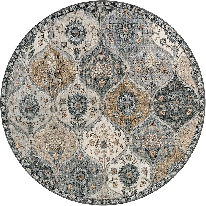 Lahome Moroccan Washable Round Rugs, Soft Vintage Round Rug 4ft, Distress Circle Carpet for Entryway Bathroom Bedroom, Non Slip Low Pile Stain Resistant Accent Rug Elise, Grey