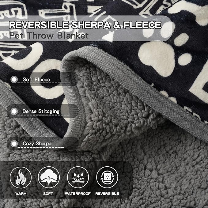 CAPT.SNOOZE Waterproof Dog Blankets Pet Blanket 50"x60", Soft Fluffy Sofa Car Bed Protector, Reversible Sherpa Fleece Dog Blanket for Large Dogs (Letters)