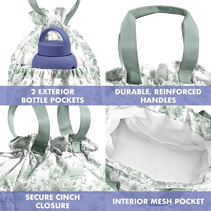 Fit & Fresh Cromwell Drawstring Lunch Bag for Women, Complete Lunch Set with 2 Containers, Stain-Resistant, Leak-Resistant, Back to School Essential, Teacher Lunchbox, Sage Floral Toile