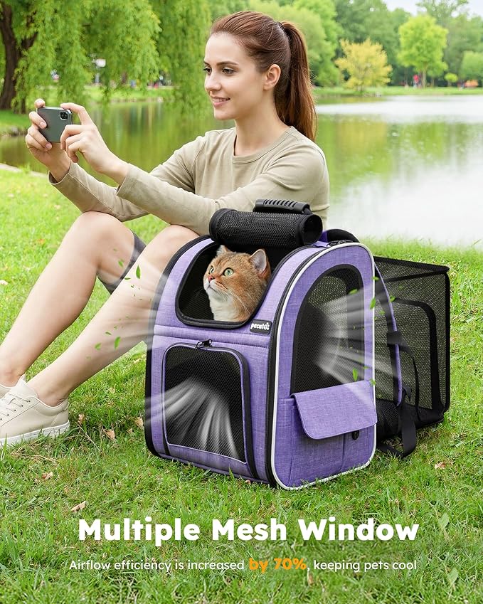 Pecute Cat Backpack Carrier Expandable, Pet Backpack for Cats & Small Dogs Up to 11lbs, with 4-Side Breathable Mesh, Multi-Entry & Lockable Zippers for Travel, Hiking, Camping - Hands Free, Purple