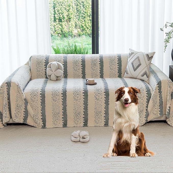 Sherpa Fleece Oversized Couch Cover for 3-4 Cushion Sofa, Gray 71" x 150" - Pet Proof Sofa Covers Heavy Duty Scratch Resistant Pet Friendly Furniture Cover - Easy Install, Machine Washable