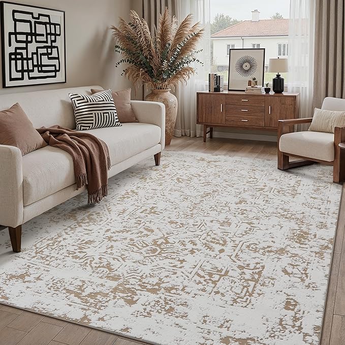 5x7 Fluffy Area Rug Brown Shag Neutral Throw Carpet for Living Room Soft Medium Pile Floral Throw Rug for Bedroom Dorm Office Dining Room Kitchen Modern Decor