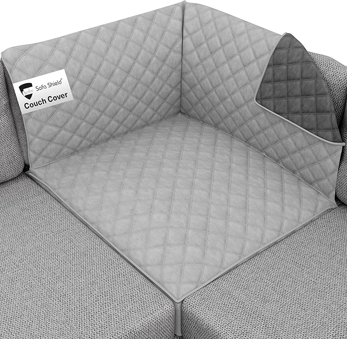 Sofa Shield Couch Sectional Covers for Dogs, Reversible Furniture Protector with Strap, Stain and Tear Resistant Cushion Cover, 30x30 inch Seat, Machine Washable Slipcover Pets Cats, Lt Gray Charcoal