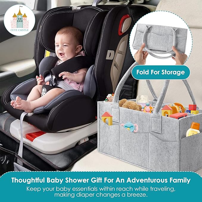 Cute Castle 2 Pack Diaper Caddy Organizer - Portable Baby Caddy Organizer with Handle, Nursery Storage Bin and Car Organizer for Girls, Boys - Baby Gift Basket - Grey, Large