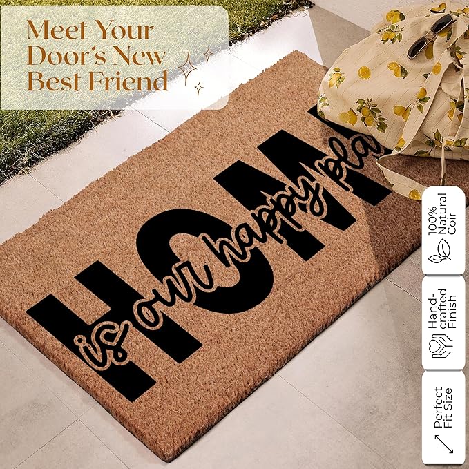 COCONIQ Coir Door Mats 17" X 30", Non-Slip Sturdy, PVC Backed Heavy Duty, Easy to Clean, Ideal for Door Entrance, Patio, Porch, Backyard, Garages, Home is Our Happy Place