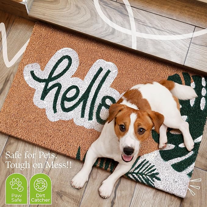 COCONIQ Coir Door Mats 17" X 30", Non-Slip Sturdy, PVC Backed Heavy Duty, Easy to Clean, Ideal for Door Entrance, Patio, Porch, Backyard, Garages, Hello - Green Leaves