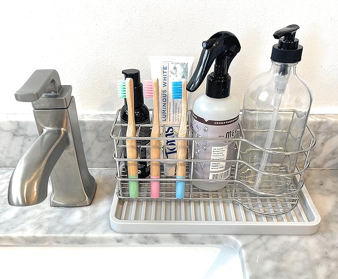 Happitasa Silicone Kitchen Sink Organizer Tray, Sponge Holder and Countertop Protector | Bathroom and Kitchen Soap Dish and Dispenser Tray (Light Grey, 10"x5.25")
