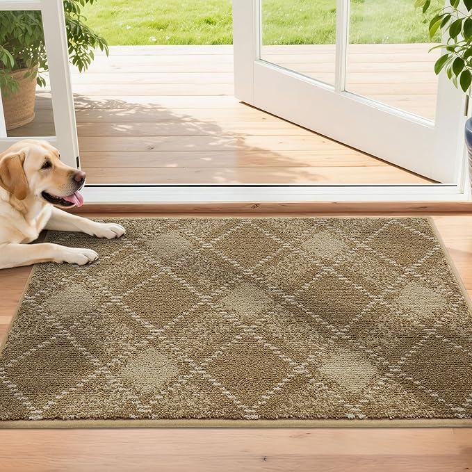 COSY HOMEER Plaid Door Mat 20" x 32",Dirt Trapper Entryway Rugs,Non-Slip Washable Farmhouse Doormat,Low Profile Welcome Mats for Paws Taupe