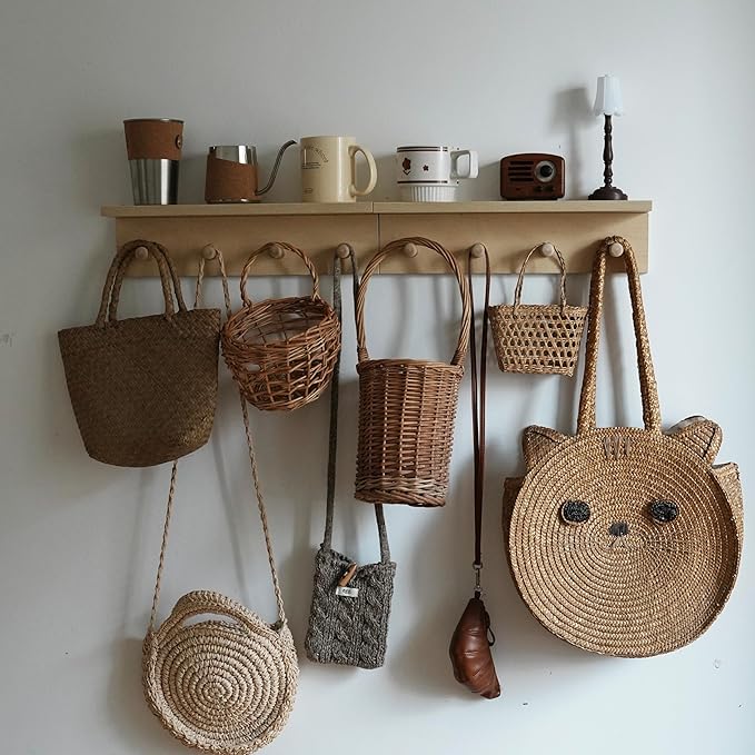 Entrance Coat Rack ，Coat Hooks, Wall-Mounted Wooden Hook Rack, Wall-Mounted Shelves are Very Suitable (Birch Colored Finish)