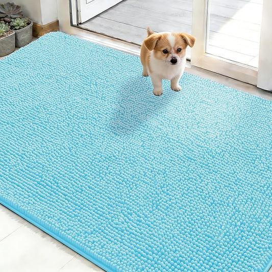 OLANLY Dog Door Mat for Muddy Paws 50x30, Absorbs Moisture and Dirt, Absorbent Non-Slip Washable Doormat, Quick Dry Chenille Mud Mat for Dogs, Entry Indoor Entryway Carpet for Inside Floor, Blue
