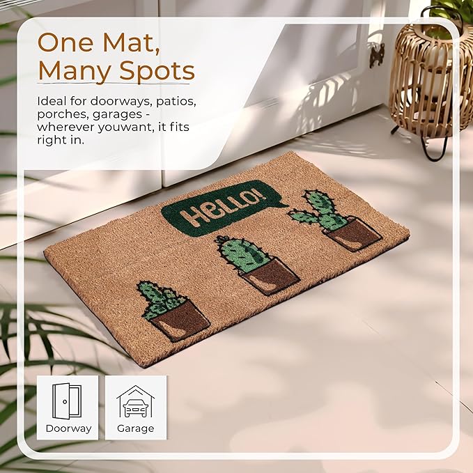 COCONIQ Coir Door Mats 17" X 30", Non-Slip Sturdy, PVC Backed Heavy Duty, Easy to Clean, Ideal for Door Entrance, Patio, Porch, Backyard, Garages, Hello Cactus
