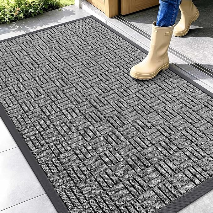 OLANLY Front Door Mat Outside Entrance 47x32, Absorbent, Heavy Duty Sturdy Natural Rubber Doormat Indoor Outdoor, Stain and Fade Resistant, Non-Slip Backing Low Profile Floor Mat for Entryway, Grey