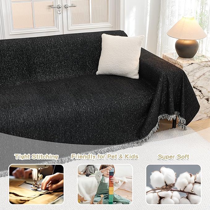 MYSKY HOME Oversized Couch Cover Sofa Covers Couch Covers for 3 Cushion Couch Sofa Pet Friendly L Shaped Couch Cover Sectional Couch Cover Non Slip Furniture Protector for Kids, Dogs, 91"x150", Black