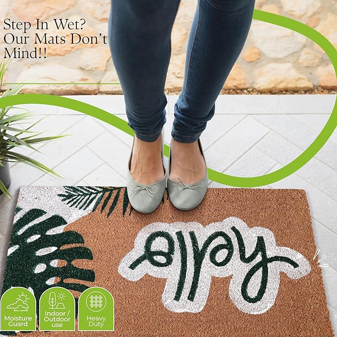 COCONIQ Coir Door Mats 17" X 30", Non-Slip Sturdy, PVC Backed Heavy Duty, Easy to Clean, Ideal for Door Entrance, Patio, Porch, Backyard, Garages, Hello - Green Leaves
