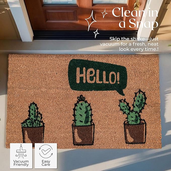 COCONIQ Coir Door Mats 17" X 30", Non-Slip Sturdy, PVC Backed Heavy Duty, Easy to Clean, Ideal for Door Entrance, Patio, Porch, Backyard, Garages, Hello Cactus