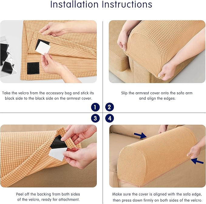 SUBRTEX Stretch Couch Arm Covers Set of 2, Checkered Sofa Arm Slipcovers, Anti-Slip Armrest Covers for Recliner and Armchairs, Pet Proof, High Stretchy, Hook & Loop Tape, Brown Khaki