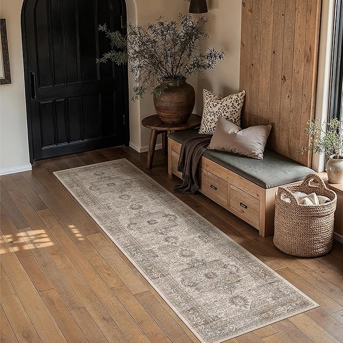 2x8 Washable Vintage Runner Rug Brown Oriental Hallway Kitchen Throw Rug Neutral Non Slip Soft Low Pile Carpet for Bathroom Laundry Bedroom Living Room