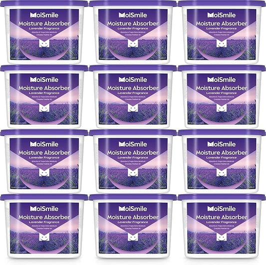 Moisture Absorbers 12 Pack, Lavender Fragrance Closet Dehumidifier for Bathroom, Car ＆ Basement, 10.5 oz Refillable Humidity Absorber Boxes