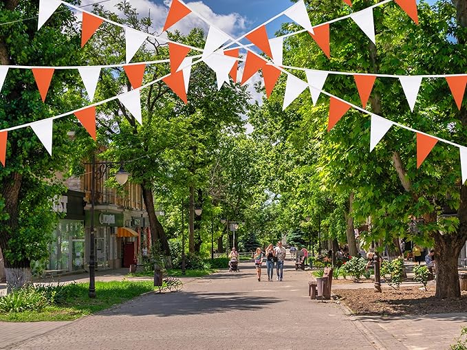 100 Feet Orange & White Pennant Banner Flags String Hanging Orange & White DIY Triangle Bunting Flags,Party Decorations for Grand Opening,Party Events Celebration,Kids Birthday,60 Pcs