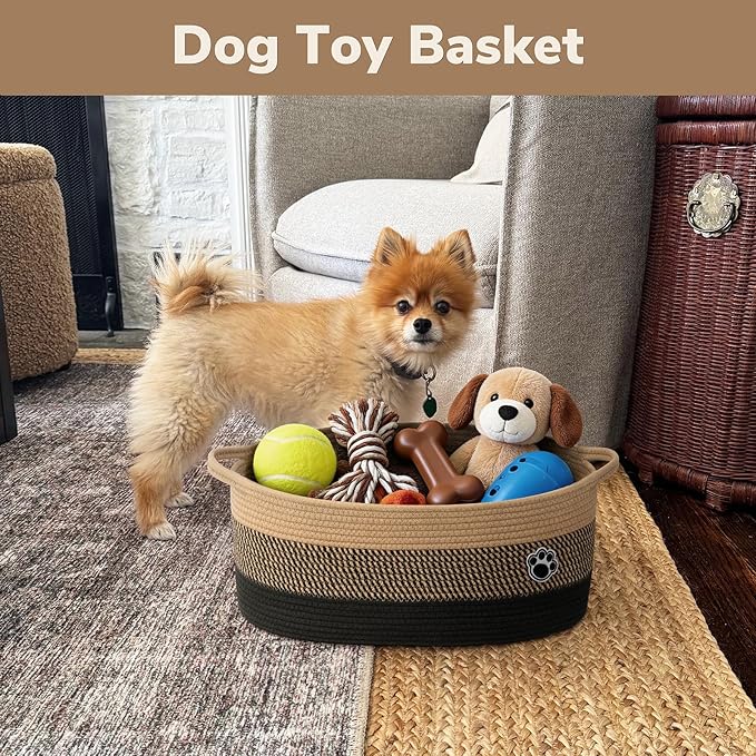 Large Dog Toy Basket, 19.7" X 11" X 7.9" Woven Rope Basket with Handles, Cat Dog Toy Storage Box for Living Room, Gift Baskets for Baby Shower, Black-Brown