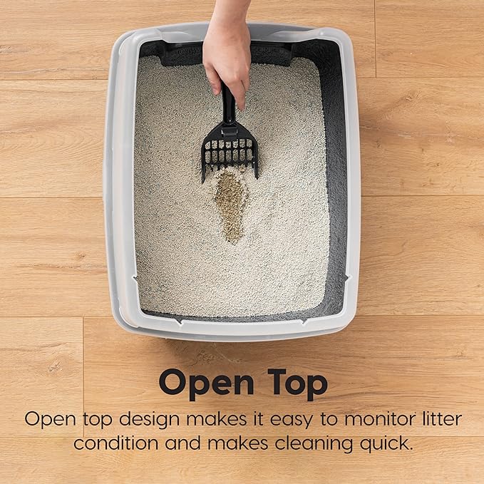 IRIS USA 2 Pack Large Open Top Cat Litter Box with High Sides, Scatter Shield & Scoop, Black, for Indoor Cats, Kittens or Multicat Homes