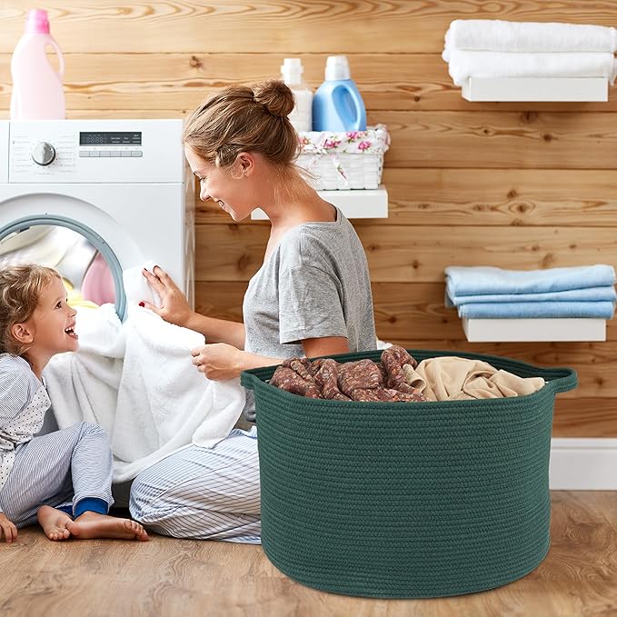 XUANGUO Extra Large Cotton Rope Basket – 22"x14" Woven Storage Basket for Blankets, Toys, Laundry, and Nursery – Round Baskets for Living Room and Kids Dark Green