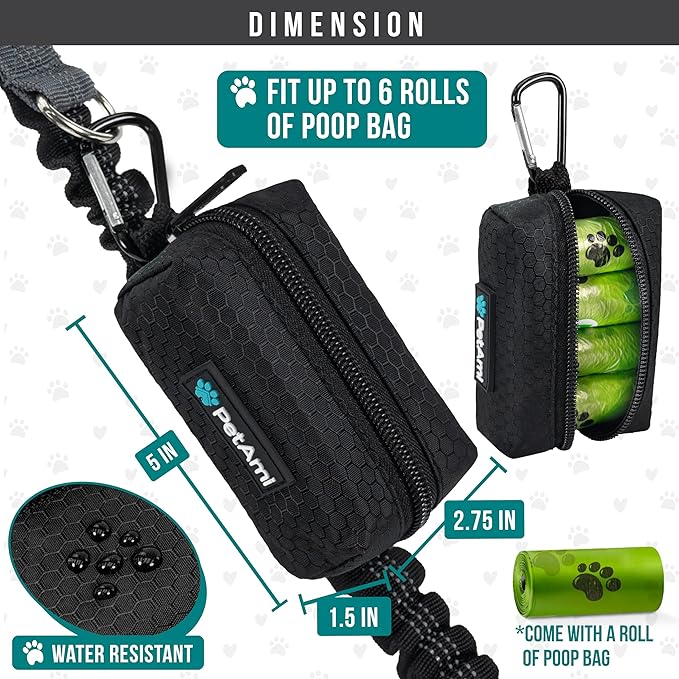 PetAmi Dog Poop Bag Holder for Leash, Dog Treat Pouch Leash, Pet Waste Bag Dispenser with Clip, Doggy Puppy Walking Accessories Supplies with 1 Dog Bag Roll (Black/Gray, 2 Pack)