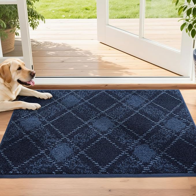 COSY HOMEER Plaid Door Mat 20" x 32",Dirt Trapper Entryway Rugs,Non-Slip Washable Farmhouse Doormat,Low Profile Welcome Mats for Paws Navy Blue