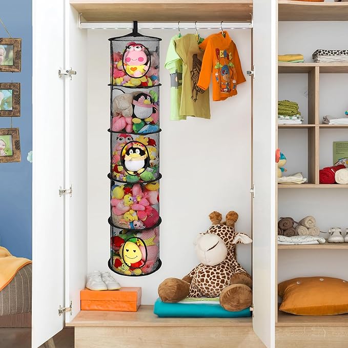 2Pcs Stuffed Animal Storage Foldable Stuffed Animal Net or Hammock Organizer, 5 Compartments Hanging Mesh Toy Storage Hammock for Kid Room Toys, Gloves, Hats, Socks, Black