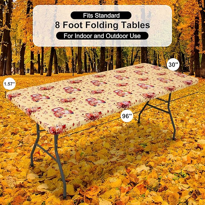misaya Rectangle Vinyl Tablecloth, Fitted Table Cover, Waterproof, Elastic Edge, Flannel Backing, Plastic Table Cloth Fit 8 Foot Folding Tables for Fall, Thanksgiving (Pumpkin Truck, 30x96 inch)