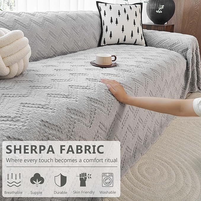 Sherpa Fleece Couch Cover for 3 Cushion Sofa, Grey, 71" x 134" - Pet Proof Sofa Covers Heavy Duty Scratch Resistant Pet Friendly Furniture Cover - Easy Install, Machine Washable