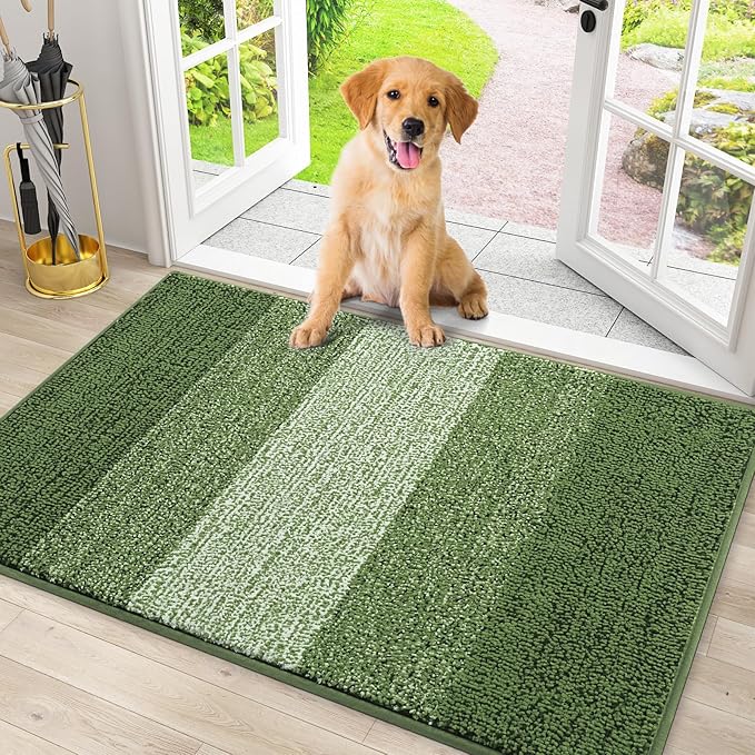 Smiry Dog Door Mat for Muddy Paws, Absorbs Moisture and Dirt, Low-Profile Entryway Mat with Non-Slip Backing, Entry Indoor Outdoor Doormat for Inside Floor (30x20 Inches, Green, Striped)