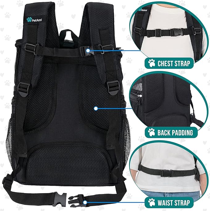PetAmi Dog Backpack Carrier, Airline Approved 4-Way Entry Cat Backpack Carrier, Ventilated Mesh, Collapsible Pet Carrier for Small Puppy, Kitten, Hiking, Travel Car, Vet, up to 18 lbs, Black
