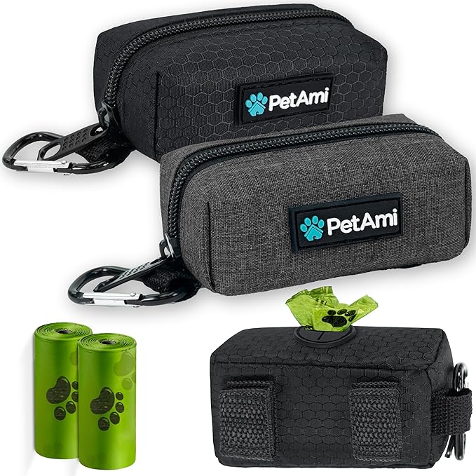 PetAmi Dog Poop Bag Holder for Leash, Dog Treat Pouch Leash, Pet Waste Bag Dispenser with Clip, Doggy Puppy Walking Accessories Supplies with 1 Dog Bag Roll (Black/Gray, 2 Pack)