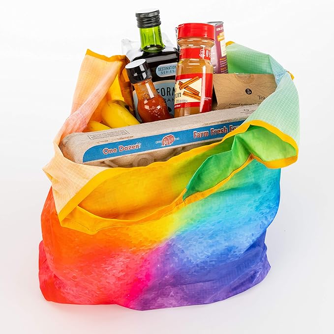 O-WITZ Reusable Grocery Bags | Vibrant Tote Bag For Groceries, Gym, Office, Beach, Toys & More | Washable Design With Large Handles For Maximum Convenience | Folds Into A Small Pouch, Bright Rainbow